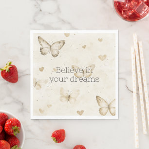 Cream Hearts Butterflies Birthday Napkin