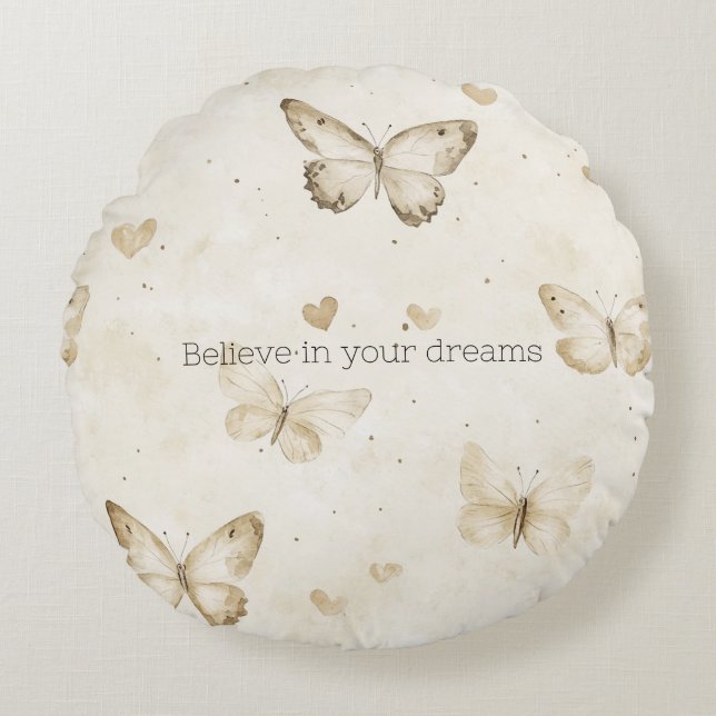 Cream Hearts Butterflies Christmas Round Cushion (Front)