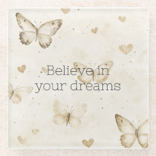 Cream Hearts Butterflies Glass Coaster