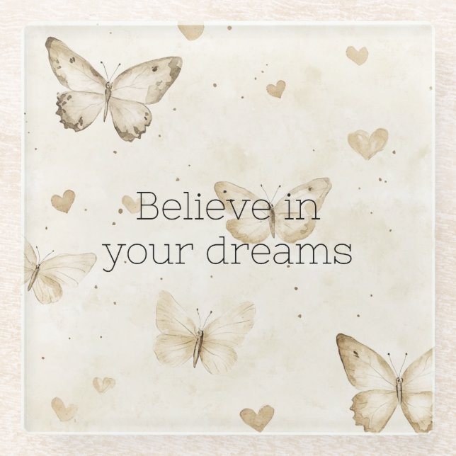 Cream Hearts Butterflies  Glass Coaster (Front)