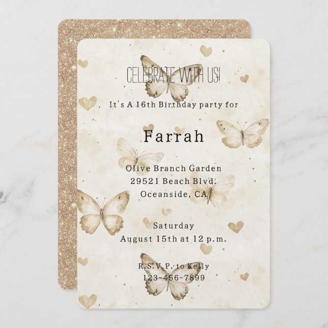 Cream Hearts Butterflies Gold Glitter Birthday   Invitation (Front/Back)