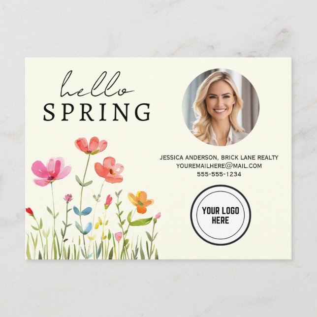 Cream Hello Spring Floral Real Estate Professional Postcard (Front)