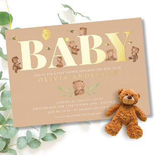 Cream Honey Bear Baby Shower Invitation