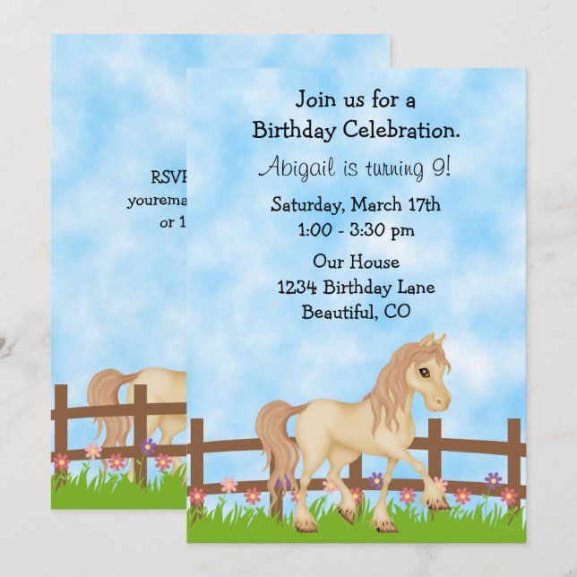 Cream Horse and Flowers Girls Birthday Invitation (Front/Back)