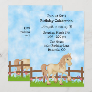 Cream Horse and Flowers Girls Birthday Invitation