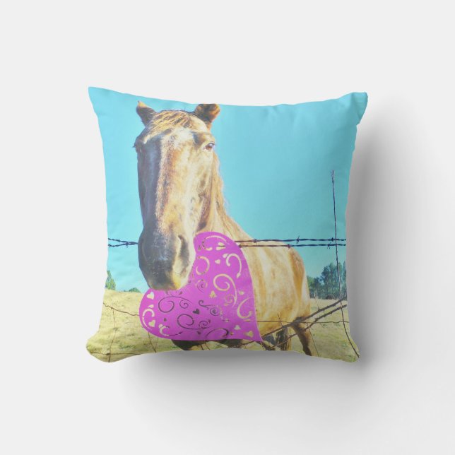 Cream Horse & Heart Pink and blue Cushion (Front)