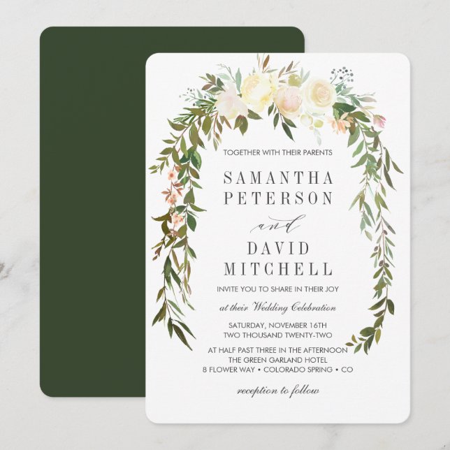 Cream Hunter Green | Botanical  Floral Wedding Invitation (Front/Back)
