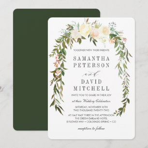 Cream Hunter Green Botanical Floral Wedding Invitation