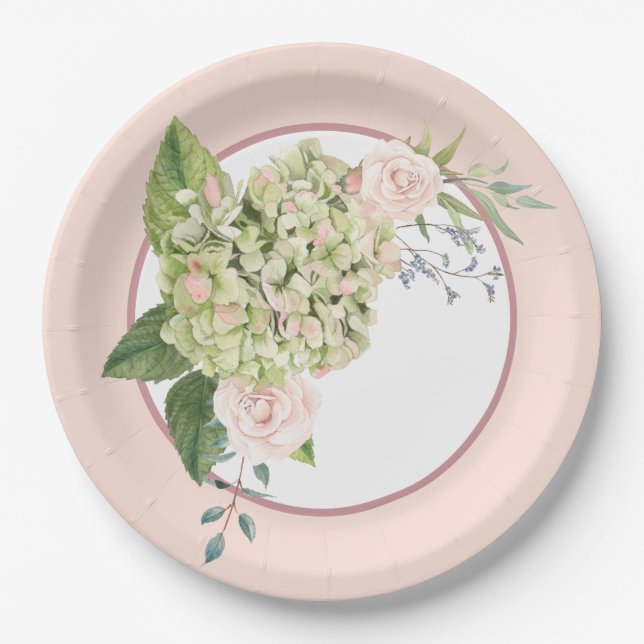 Cream Hydrangea And Roses Paper Plate (Front)