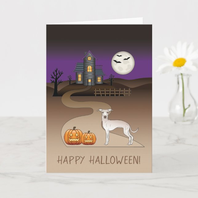 Cream Iggy Cute Dog And Halloween Haunted House Card (Small Plant)