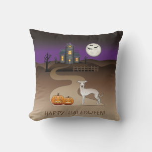 Cream Iggy Cute Dog And Halloween Haunted House Cushion