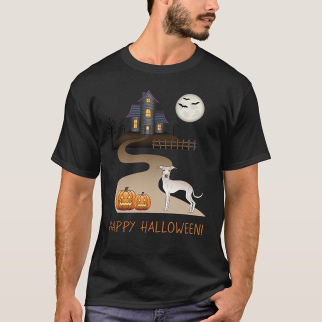 Cream Iggy Cute Dog And Halloween Haunted House T-Shirt (Front)