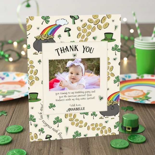 Cream Irish Rainbow Clovers & Hearts Birthday Thank You Card (Fun Irish St Patrick's Day Birthday Thank You Cards. Lucky Gold Shamrock Coins, Rainbow, Green Cover)