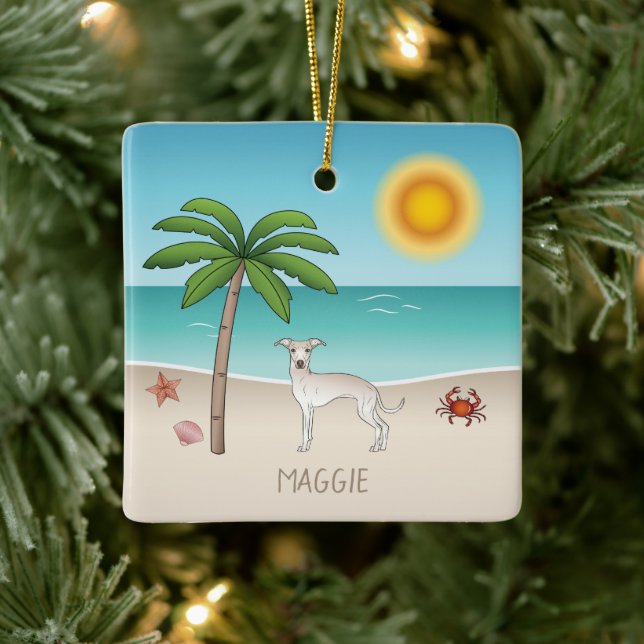 Cream Italian Greyhound At Tropical Summer Beach Ceramic Ornament (Tree)