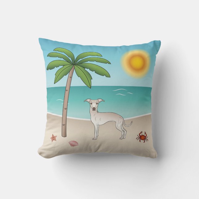 Cream Italian Greyhound At Tropical Summer Beach Cushion (Front)
