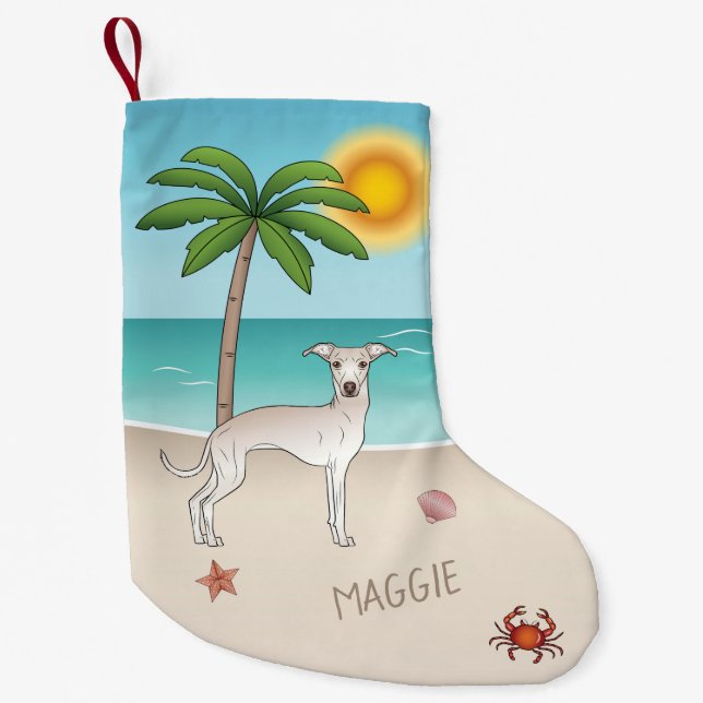 Cream Italian Greyhound At Tropical Summer Beach Small Christmas Stocking (Front)
