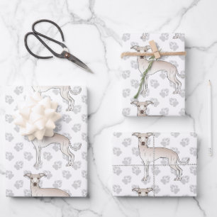 Cream Italian Greyhound Cartoon Dogs With Paws Wrapping Paper Sheet