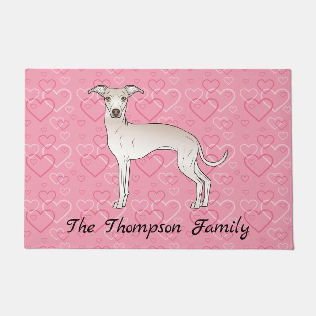 Cream Italian Greyhound Cute Dog On Pink Hearts Doormat (Front)