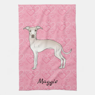 Cream Italian Greyhound Cute Dog On Pink Hearts Tea Towel