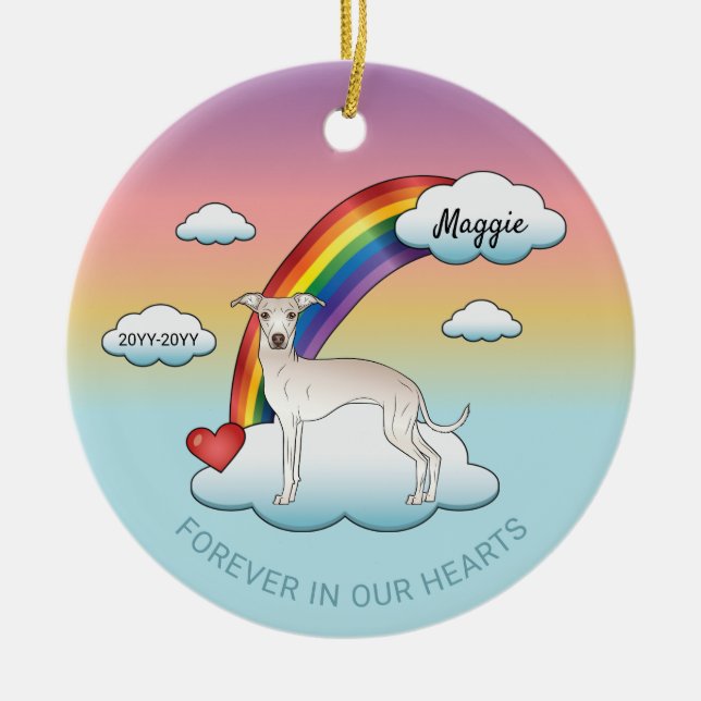 Cream Italian Greyhound Cute Dog Rainbow Memorial Ceramic Tree Decoration (Front)