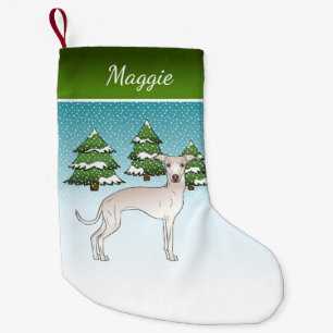 Cream Italian Greyhound Dog In A Winter Forest Small Christmas Stocking
