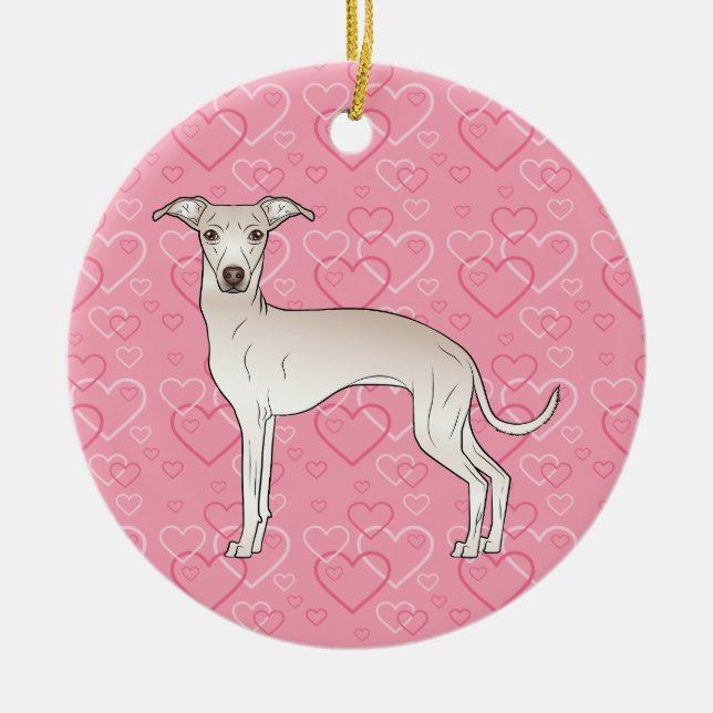 Cream Italian Greyhound Pink Hearts Pet Memorial Ceramic Tree Decoration (Front)