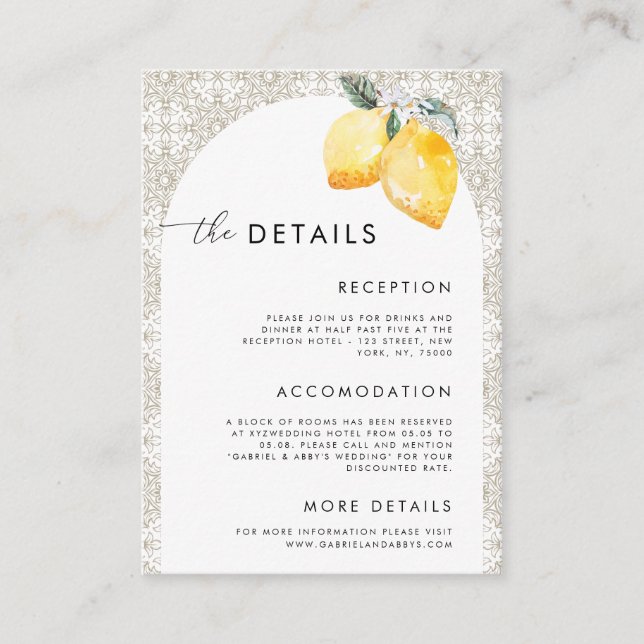 Cream Italian Spanish Tile Lemons Wedding Details Enclosure Card (Front)