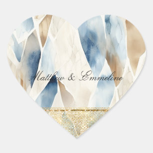 Cream Ivory Blue Abstract Beach Gold Glitz Heart Sticker