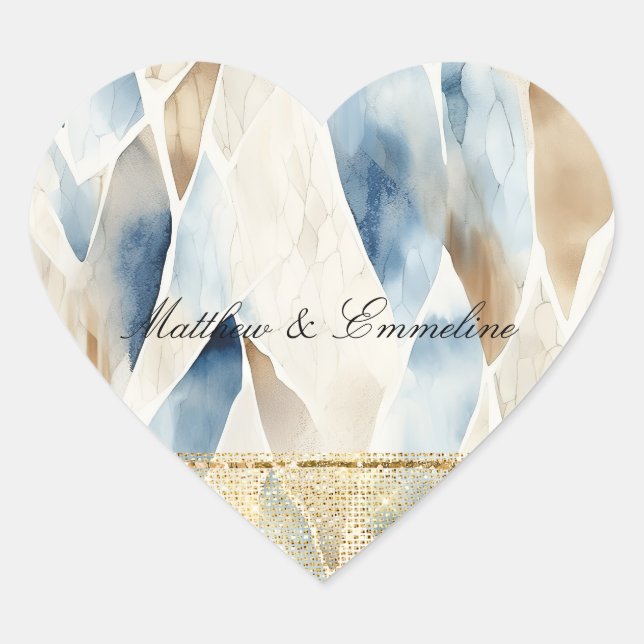 Cream Ivory Blue Abstract Beach Gold Glitz Heart Sticker (Front)