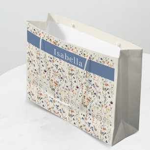 Cream Ivory Boho Watercolor Wildflower Name Large Gift Bag