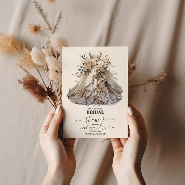 Cream Ivory Floral Wedding Dress Bridal Shower Invitation (Creator Uploaded)