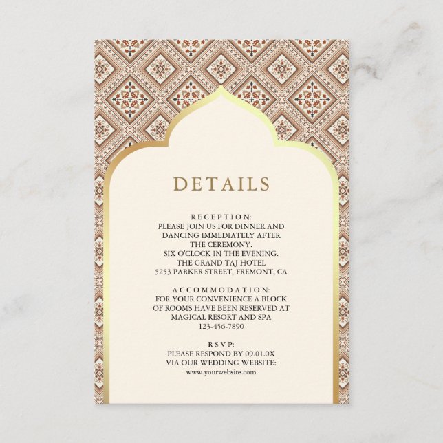 Cream Ivory Gold Geometric Pattern Wedding Details Enclosure Card (Front)