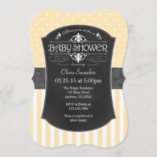 Cream Ivory Grey Chalkboard Stripes Baby Shower Invitation