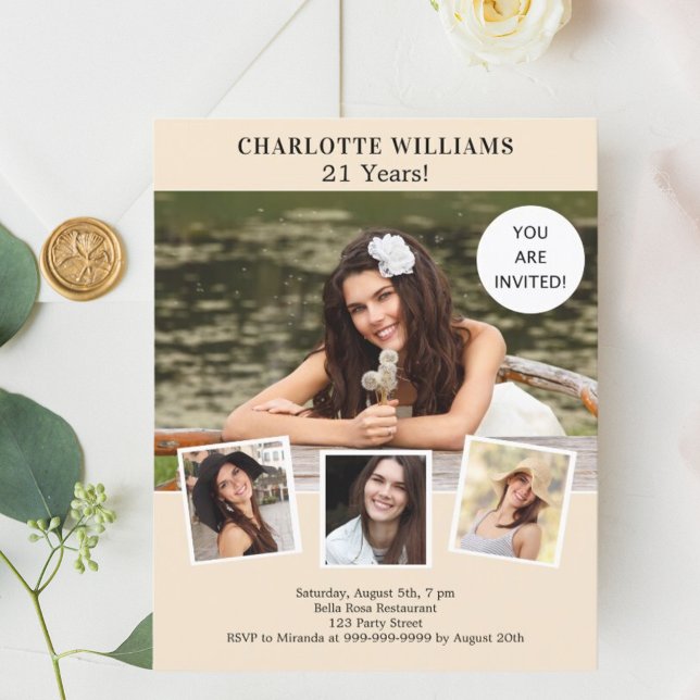 Cream ivory photo collage birthday invitation (Creator Uploaded)