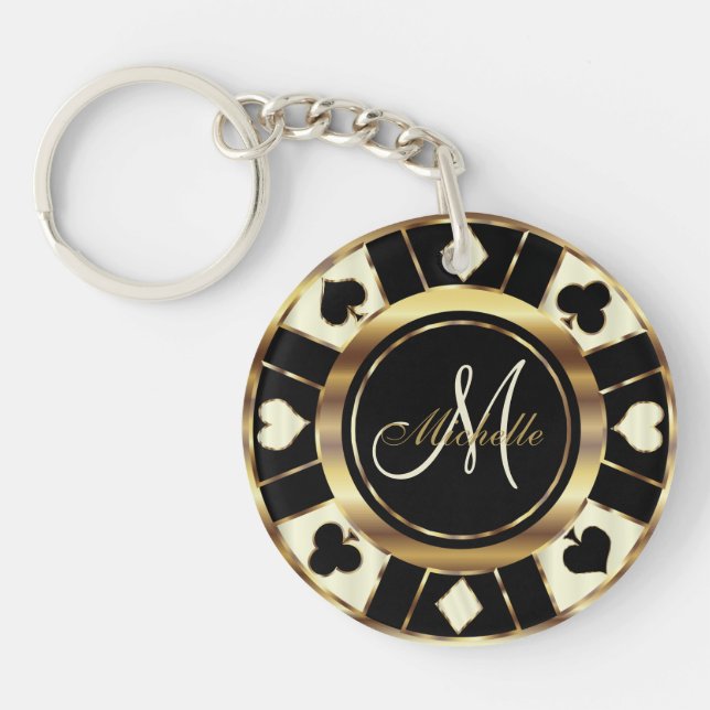 Cream Ivory Poker Chip Design - Monogram Key Ring (Front)