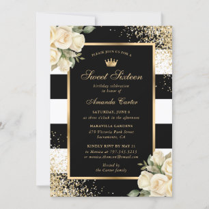 Cream Ivory Rose Black Gold Sweet Sixteen Birthday Invitation