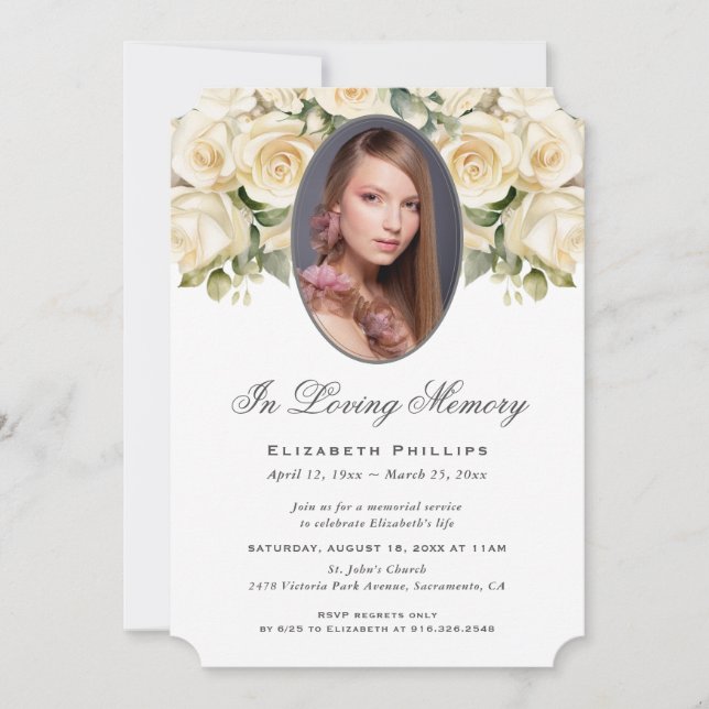 Cream Ivory Rose Photo Memorial In Loving Memory Invitation (Front)