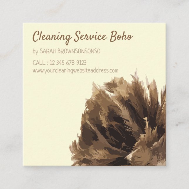 Cream Janitorial Cleaning service maid hand broom Square Business Card (Front)