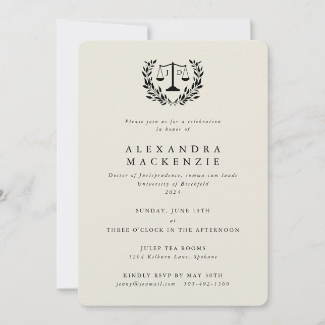 Cream JD Law Scales Laurel Wreath Graduation Invit Invitation (Front)