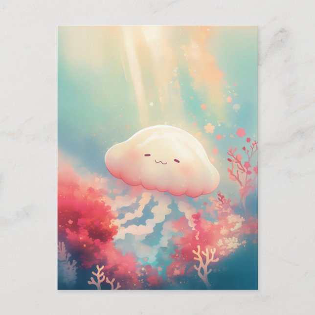 Cream Jellyfish in Coral Reef and Golden Ocean Postcard (Front)