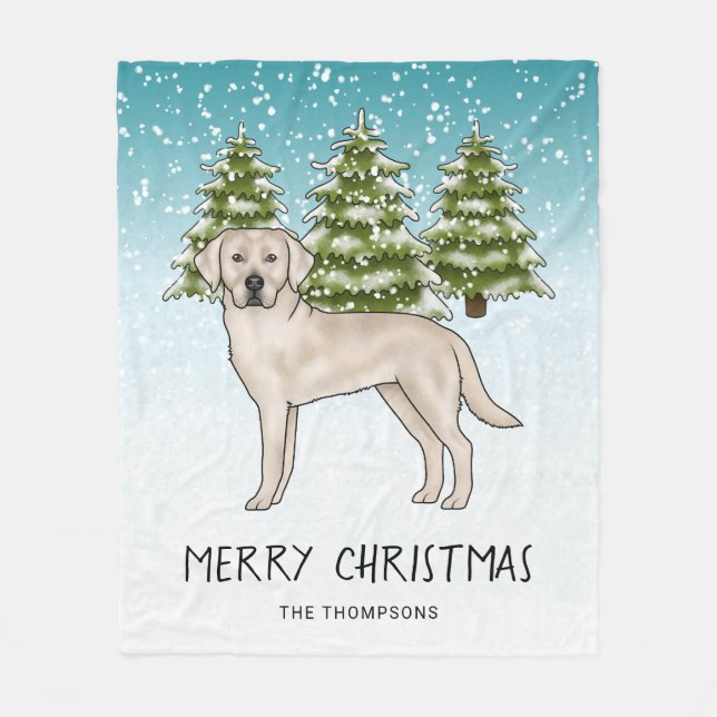 Cream Labrador Retriever Dog Blue Snowy Christmas Fleece Blanket (Front)