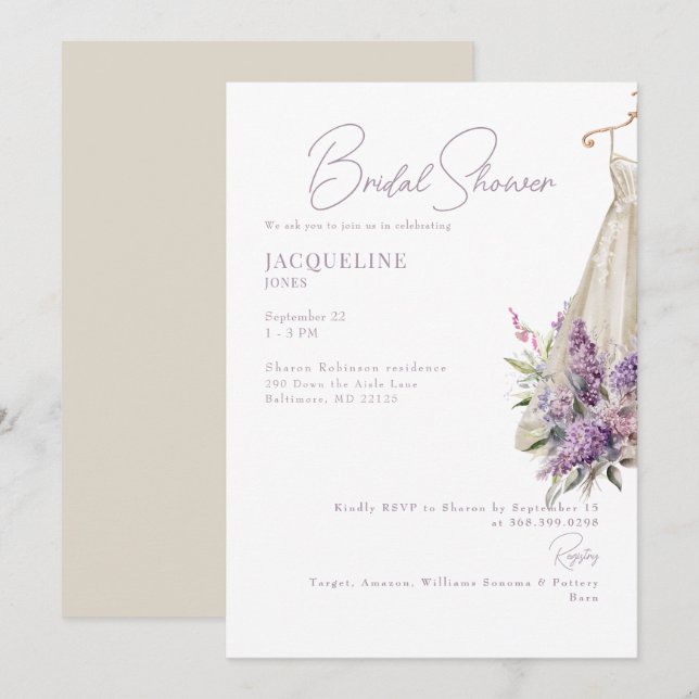 Cream & Lavender Wedding Dress Bridal Shower Invitation (Front/Back)