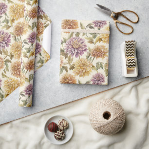 Cream Lavender Yellow Flowers Birthday Wrapping Paper