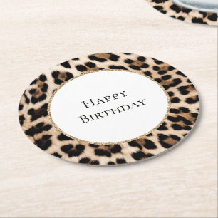Cream Leopard Animal Gold Glitter Birthday Round Paper Coaster
