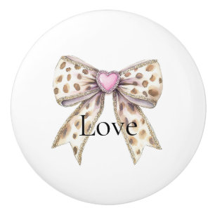 Cream Leopard Animal Print Pink Heart Bow Ceramic Knob