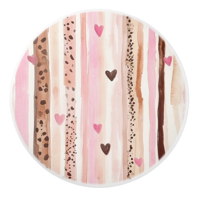 Cream Leopard Animal Print Pink Hearts   Ceramic Knob (Front)