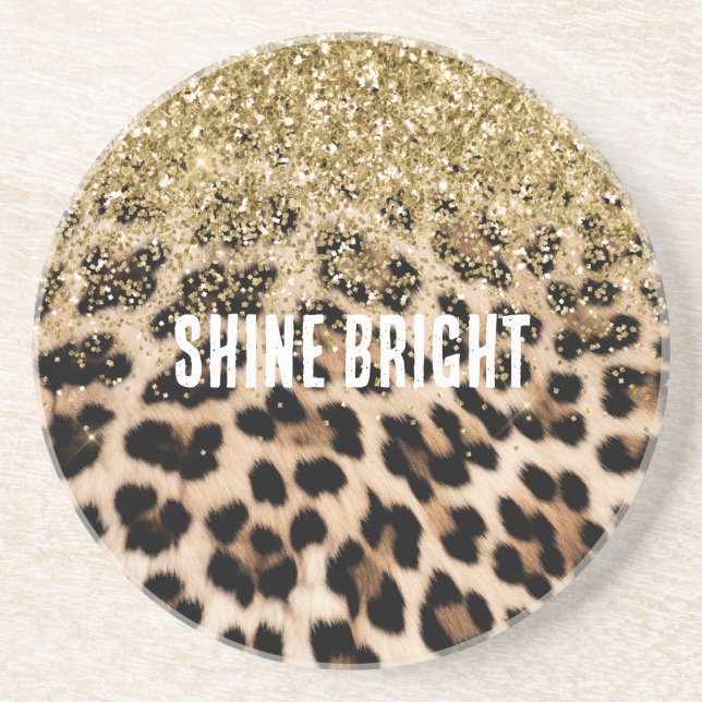 Cream Leopard Glam Gold Gitter Coaster (Front)