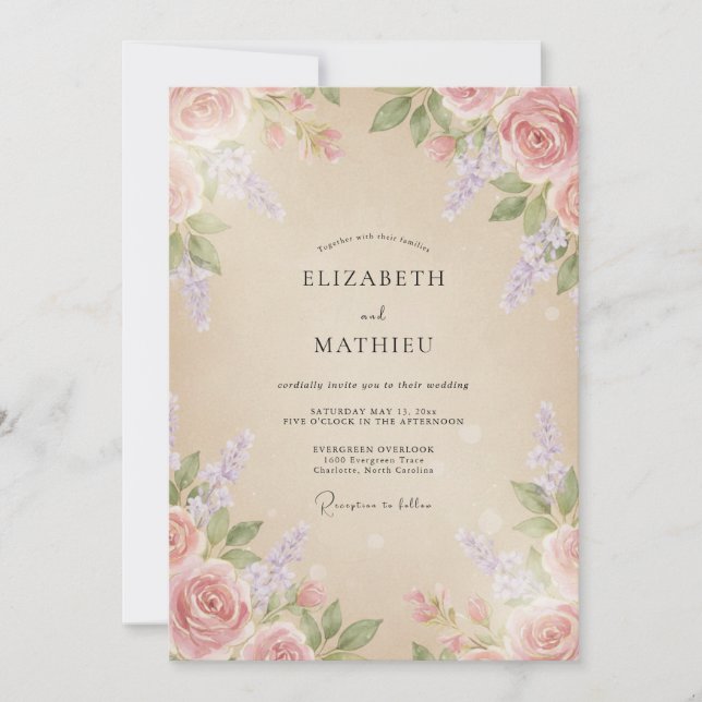 Cream Lilac Wisteria Wedding Invitation (Front)