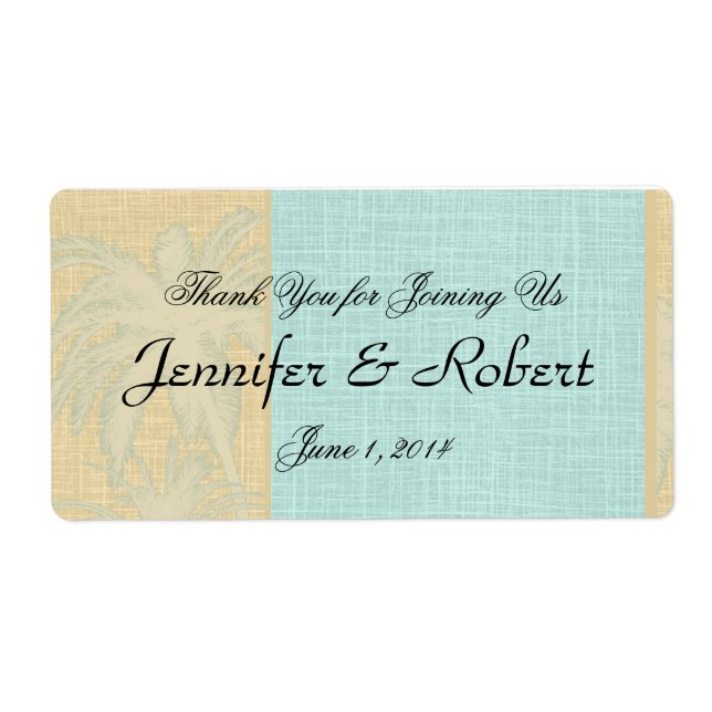 Cream Linen Blue Palm Trees Water Bottle Label (Front)