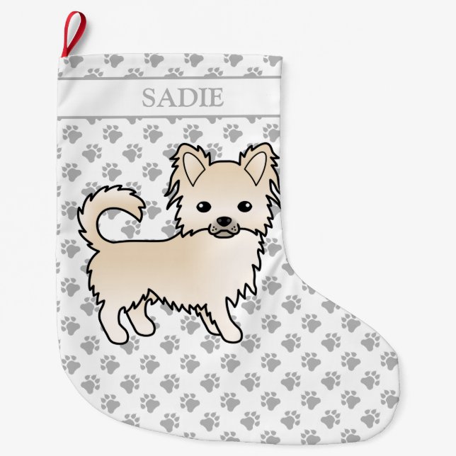 Cream Long Coat Chihuahua Cartoon Dog & Name Large Christmas Stocking (Front)